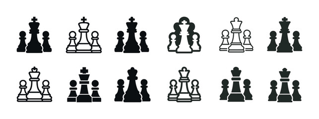 Black and white chess symbols: king, queen, pawn icon set