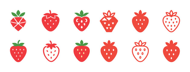Obraz premium Different strawberry icon designs in red and green with unique styles