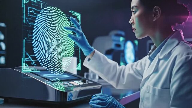 Forensic scientist analyzes digital fingerprint data on futuristic equipment in a modern laboratory setting with green and blue holographic projection technology for - Powered by Adobe