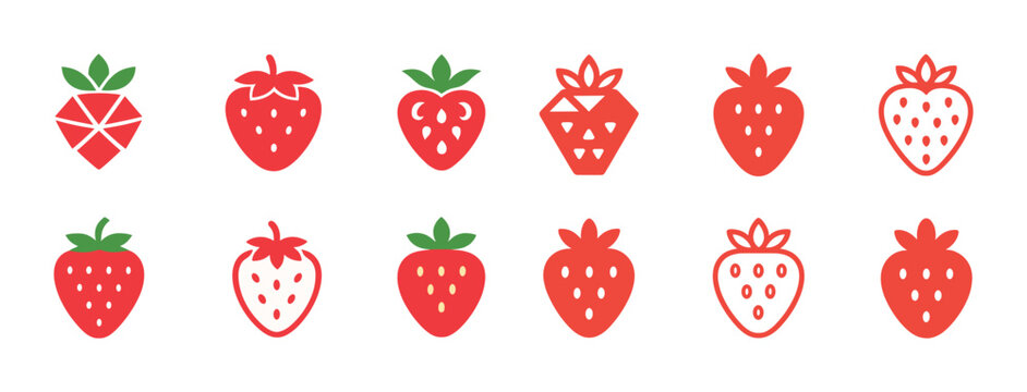 Different strawberry icon designs in red and green with unique styles