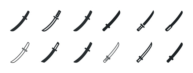 Naklejka premium Set of various katana sword icons in black and white
