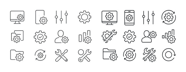 Set of 25 linear gear and tool icons for digital and technical settings