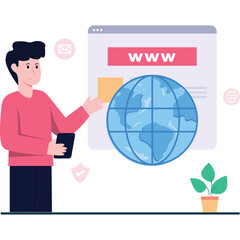 Man Presenting Global Network Concept With Website Browser And Earth Globe Illustration On Transparent Background