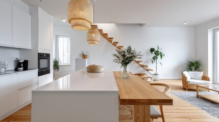 A modern kitchen with wooden accents, featuring a white countertop, minimalist decor, and a stylish staircase leading to the upper level.