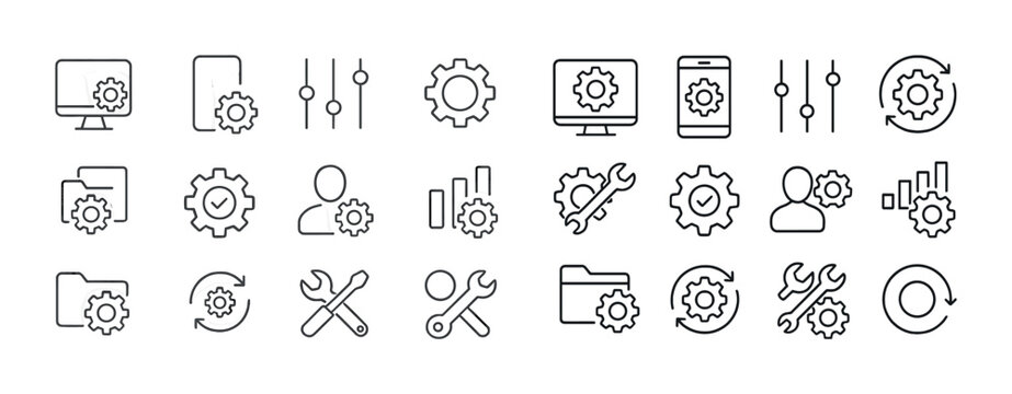 Set of 25 linear gear and tool icons for digital and technical settings