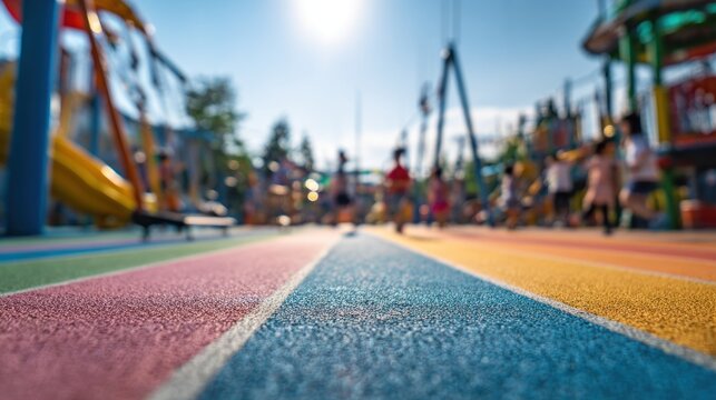 A vibrant playground scene with colorful ground markings, swings, and playful activity under a bright sky.