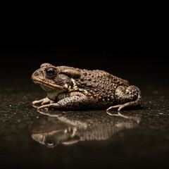 Fototapeta premium A large, warty toad rests motionless on a flat, damp surface, showcasing its horizontal body posture in the natural habitat environment ,brown ,skin ,habitat