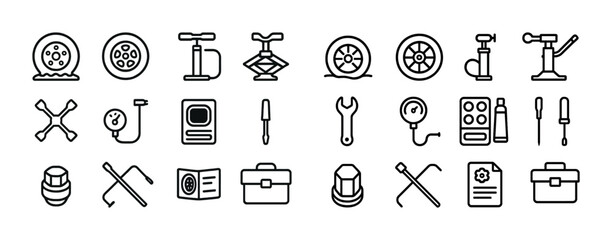 Automotive tools and equipment icons for tire maintenance and car repair