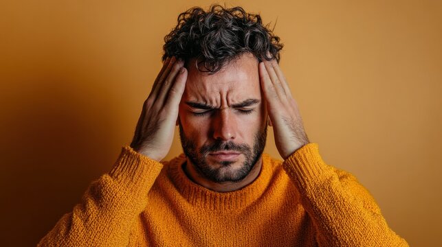 Stressed man portrait brown background digital composite emotional focus close-up stress management concept