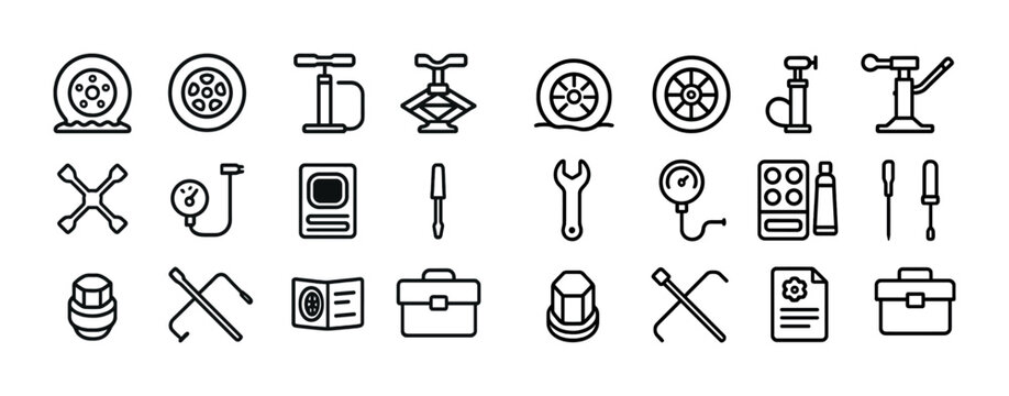 Automotive tools and equipment icons for tire maintenance and car repair