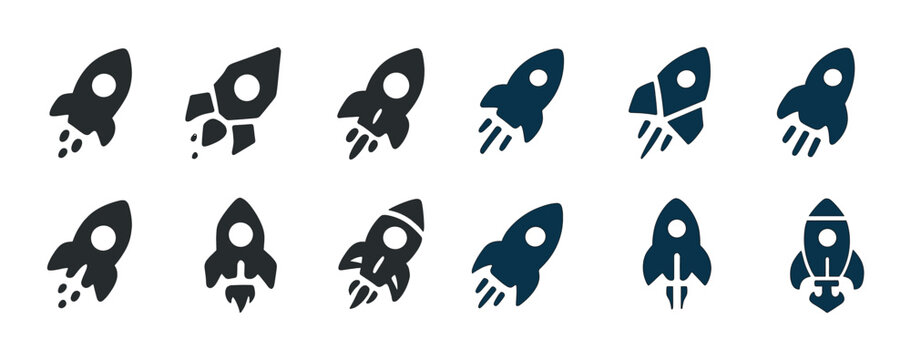 Variety of rocket ship icons in different styles and designs