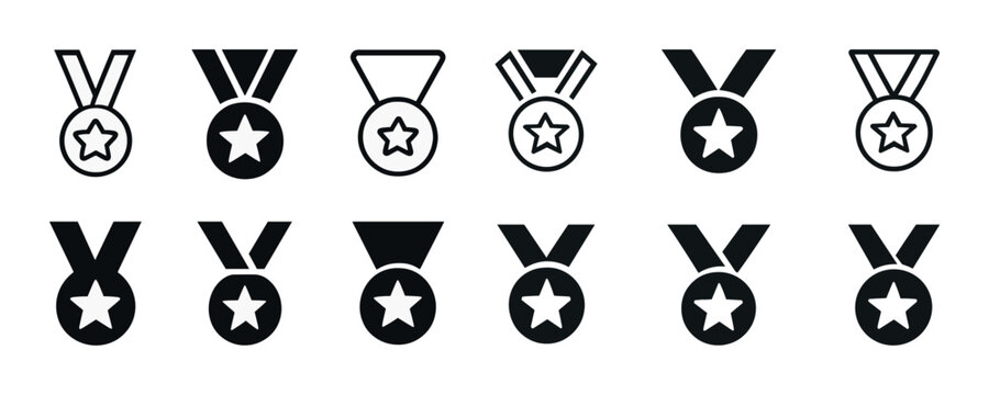 Set of various medal icons with stars in black and white