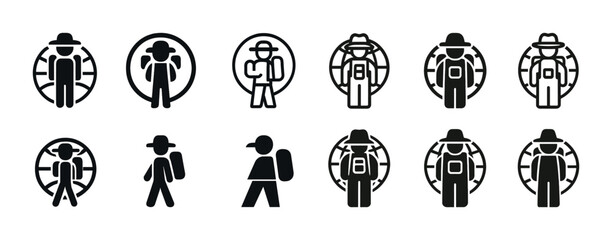 Fototapeta premium Icon set of hiking figures with backpacks and hats