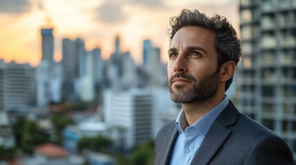 Thoughtful businessman gazing across cityscape urban setting gigapixel image professional environment side view classy concept