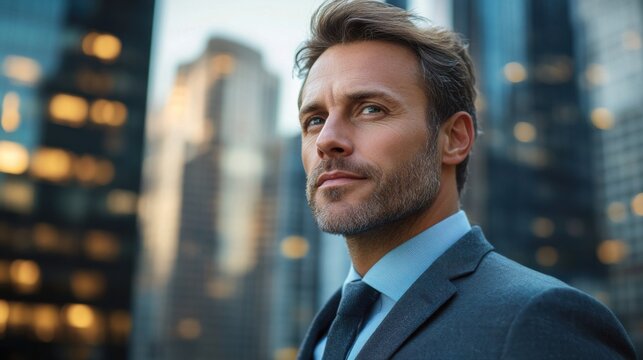 Contemplative businessman gazing at cityscape urban setting gigapixel photography modern environment side profile classy attitude