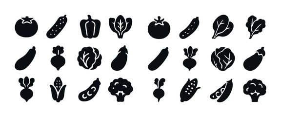 Fototapeta premium Collection of vegetable silhouettes: tomato, pepper, cucumber, eggplant, broccoli icons