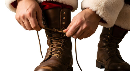 Close-up on Santa Claus tying his brown leather boots, ready for Christmas Eve deliveries