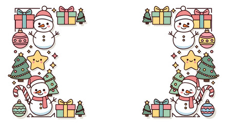 Naklejka premium Cute Christmas Frame Border with Snowmen, Trees, Gifts, Stars, and Ornaments