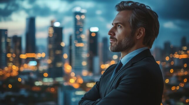 A thoughtful businessman gazes at a cityscape urban setting gigapixel image corporate environment side view classy reflection