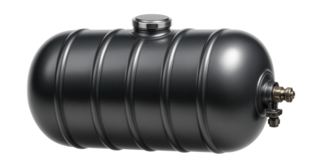 Elliptical fuel tank featuring ribbed sides and a rear outlet valve.