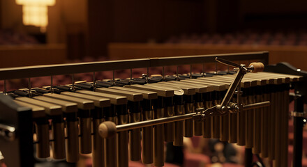 Elegant vibraphone mallet percussion instrument awaits performance in a warmly lit concert hall. AI Generated