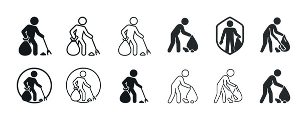 Stick figure icons collecting trash - waste management symbol set