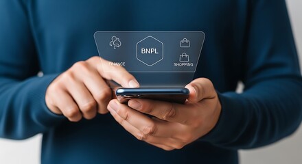 Man using smartphone with digital interface displaying cloud services.