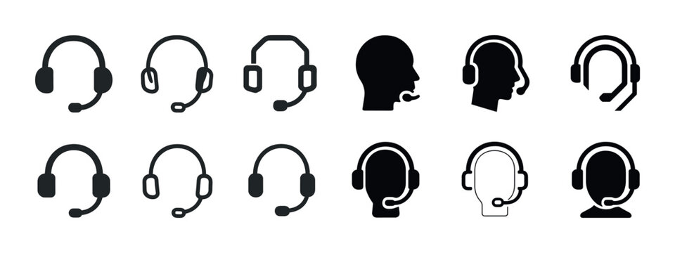 Silhouette and outline headset icons for call center and communication - Powered by Adobe