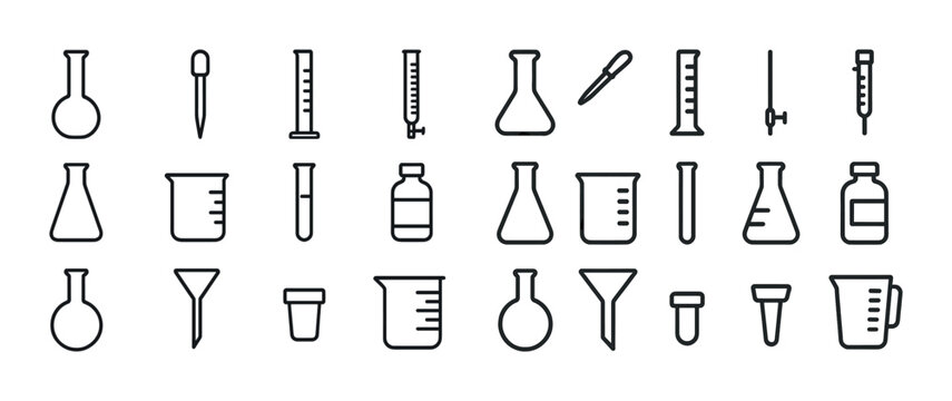 Outline icons of laboratory glassware and equipment for chemistry and science