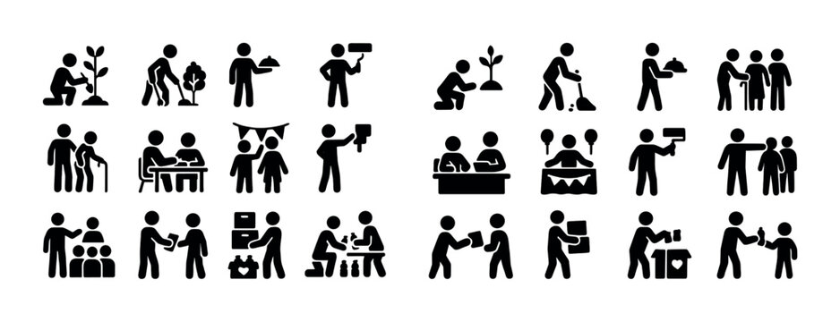 Stick figures engaged in community and team activities