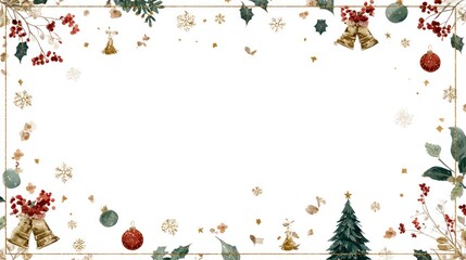 A festive border featuring Christmas decorations like bells, ornaments, and holly, perfect for holiday-themed designs and greetings.