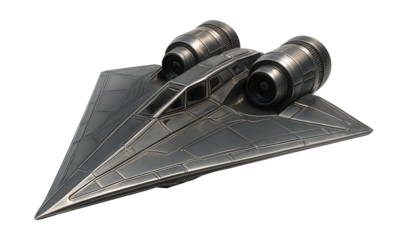 Triangular spacecraft featuring dual propulsion systems and rear stabilizers.