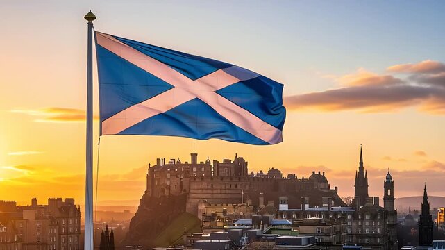 The Scottish flag waves proudly above a historic cityscape during a warm sunset