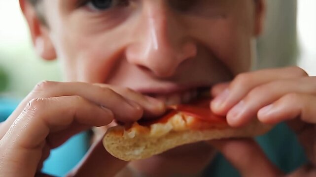 Enjoying a tasty pepperoni pizza slice, close up shot of bite and chewing