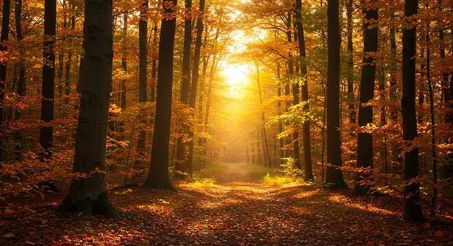 Golden light streams through autumn trees, illuminating a path through a vibrant forest