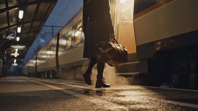 Traveler disembarking from a modern train onto a wet, steamy station platform at night