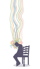 Stressed over thinking man with his head fuming. Psychotherapy, stress and psychosis. Brain damage, cognitive disfunction. A tangled nerves, symbolizing a depressed state of a person.