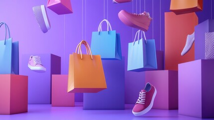 Falling fashion shoes and bags in flight purple background fashion photography studio setting aerial perspective dramatic concept
