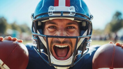 Excited american football player in helmet holding rugby ball sports field gigapixel image outdoor close-up dynamic action