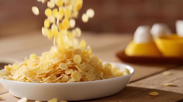 Cereal flakes pouring into a white bowl, breakfast cereal preparation