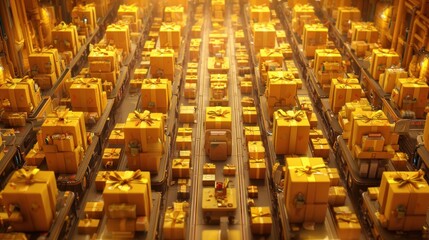 Obraz premium Bright Yellow Gift Boxes Arranged on Conveyor Belts with Ribbons in Modern Packaging Facility