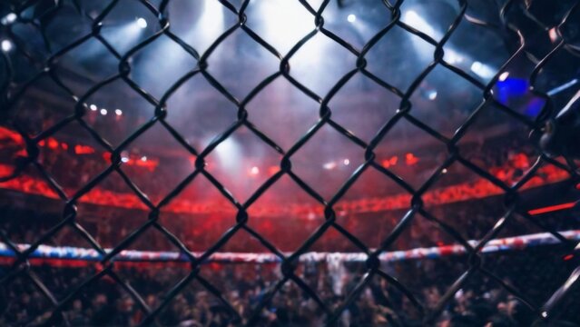 Intense CloseUp of ChainLink Fence in Boxing Ring with Dramatic Lighting and Blurred Arena Background