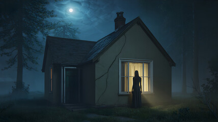 Mysterious woman by window of haunted house in a dark forest