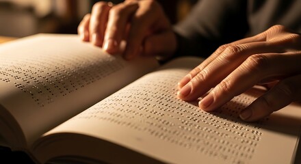 Close up of hands reading a book written in braille focusing on accessibility and literacy
