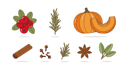 A colorful illustration featuring various autumn-themed ingredients and spices, perfect for culinary projects.