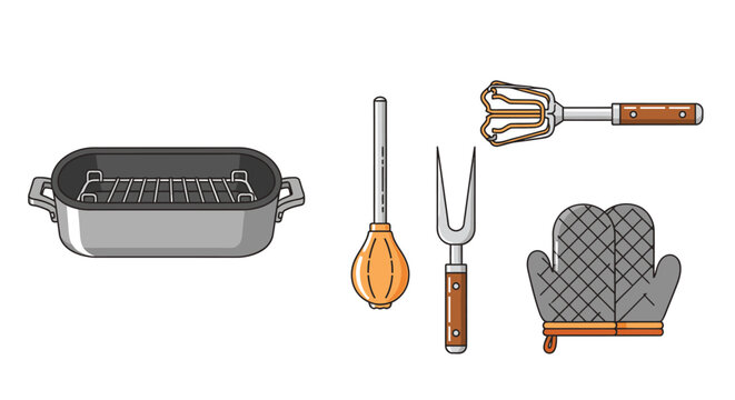 Illustration of roasting pan, baster, fork, meat tenderizer, and oven mitts.