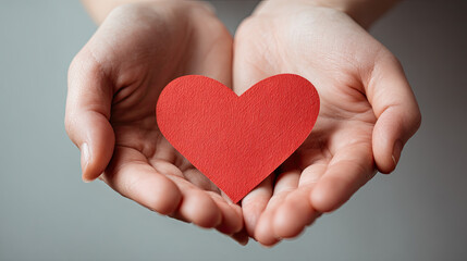 Close-up of human hands holding red heart symbol on gray background, representing love, care, compassion and emotional support concept, ideal for charity, health and relationship design projects.