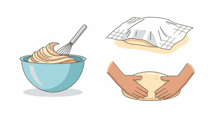 Three-part illustration showcasing the process of preparing dough, including mixing, resting, and shaping.