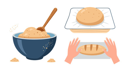 Illustration of the bread making process: mixing, proofing, and shaping the dough.