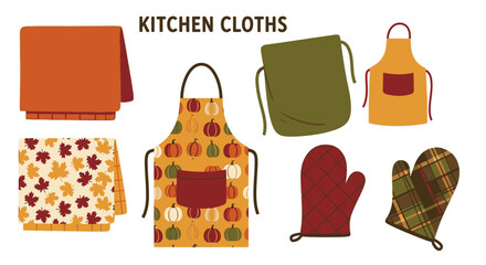 A collection of kitchen cloths, including aprons, oven mitts, and dish towels, with autumnal designs.